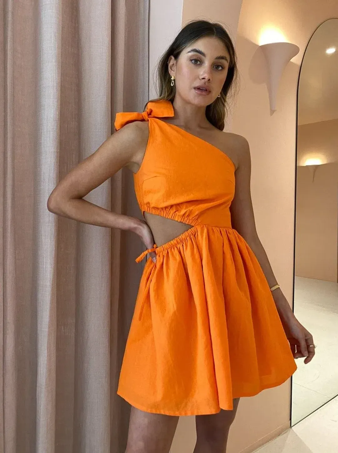 By Nicola Gabriella One Shoulder Mini Dress Sunkissed Size 6  for rent on The Volte - main image