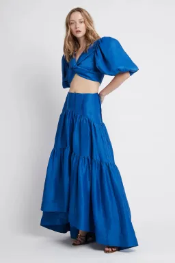 Aje Reverb Set Puff Sleeve Crop Top and Gathered Midi Skirt Set Blue Size 8 for rent on The Volte - image 2
