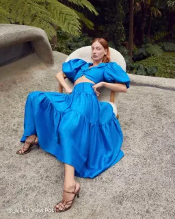 Aje Reverb Set Puff Sleeve Crop Top and Gathered Midi Skirt Set Blue Size 8 for rent on The Volte - image 6