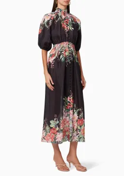 Zimmermann Bellitude Shirred Waist Midi Dress in Dark Navy Floral Size 0 / AU 8  for rent on The Volte - image 1