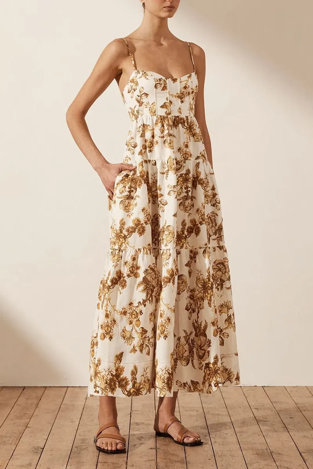 Shona Joy Bella Linen Corded Tiered Midi Dress Print Size 10 for rent on The Volte - main image