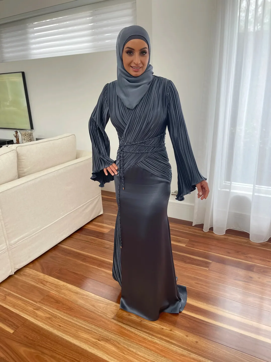 Emoda Couture Silk Dress Grey Size 8 for rent on The Volte - main image