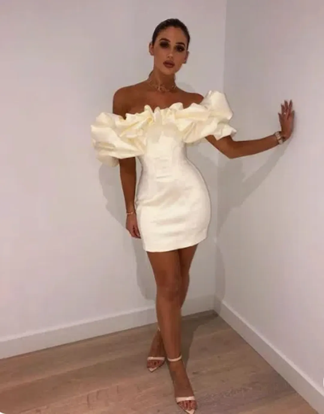 House of CB Selena Satin Ruffle Strapless Mini Dress Ivory White Size XS / Au 6 for rent on The Volte - main image