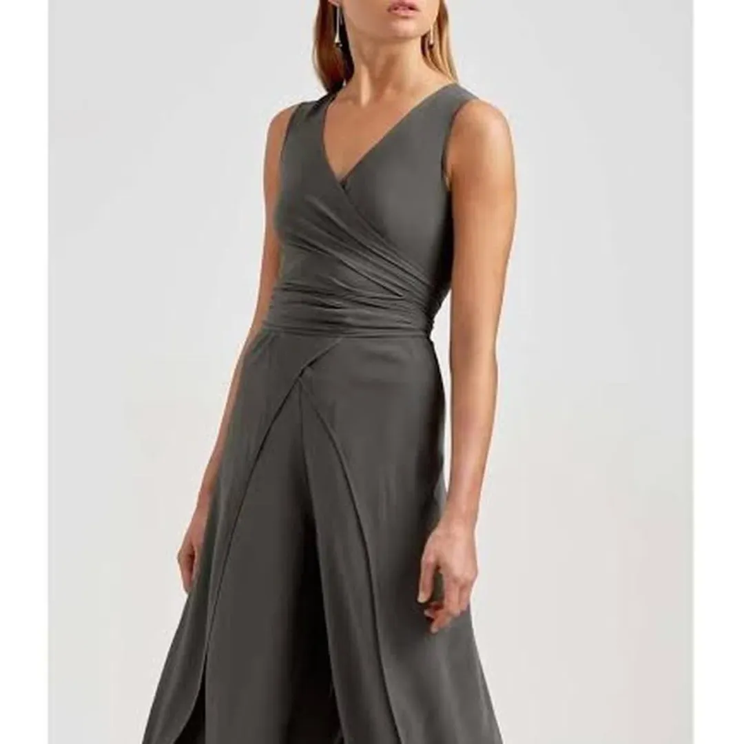 Scanlan Theodore Silk Wrap Jumpsuit Khaki Green Size 8  for rent on The Volte - main image