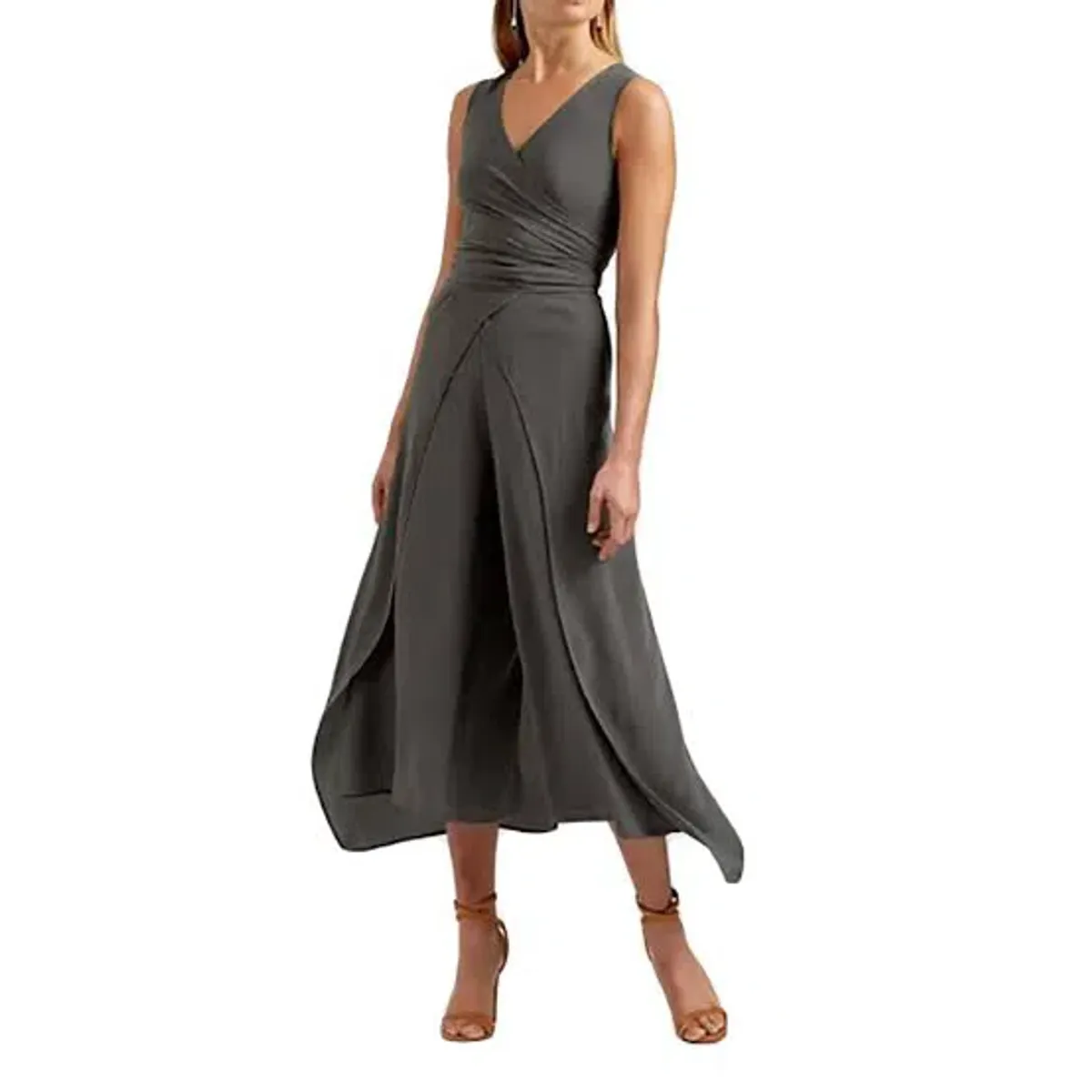 Scanlan Theodore Silk Wrap Jumpsuit Khaki Green Size 8  for rent on The Volte - main image