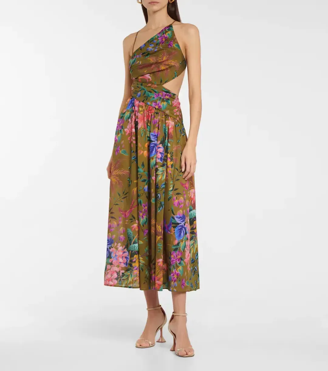 Zimmermann Tropicana Asymmetric Midi Dress Khaki Floral Size 8 for rent on The Volte - main image