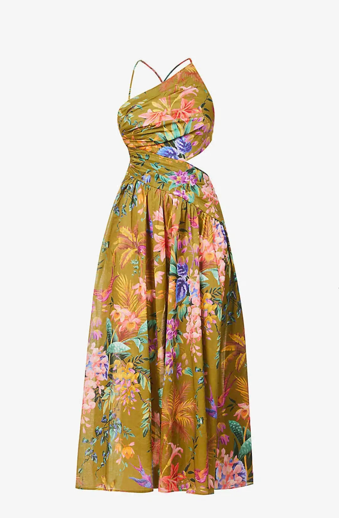 Zimmermann Tropicana Asymmetric Midi Dress Khaki Floral Size 8 for rent on The Volte - main image