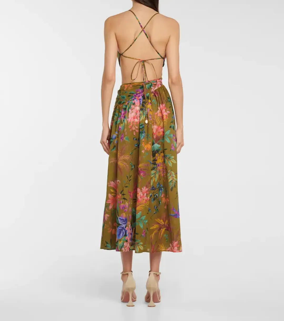 Zimmermann Tropicana Asymmetric Midi Dress Khaki Floral Size 8 for rent on The Volte - main image
