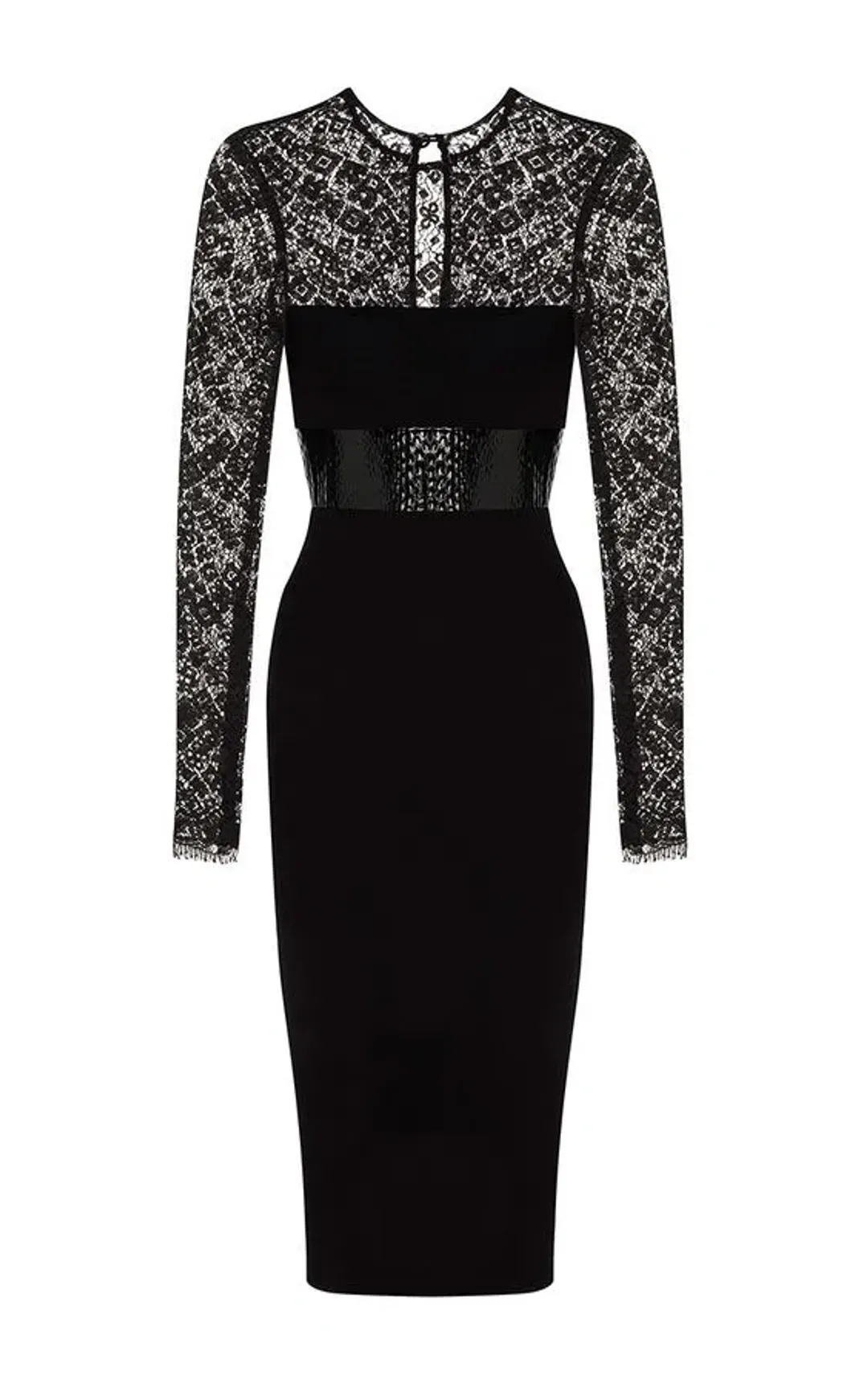Alex Perry Mabelle Lace Long Sleeve Plastic & Satin Crepe Pencil Dress Black Size 6 for rent on The Volte - main image