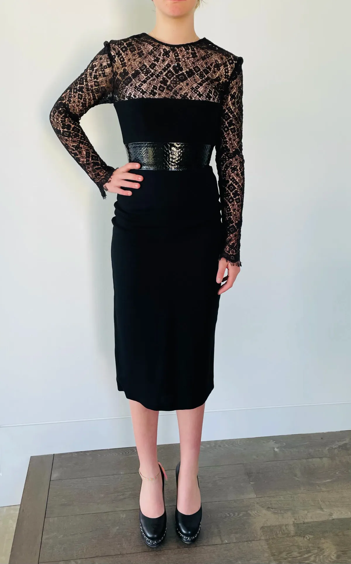 Alex Perry Mabelle Lace Long Sleeve Plastic & Satin Crepe Pencil Dress Black Size 6 for rent on The Volte - main image