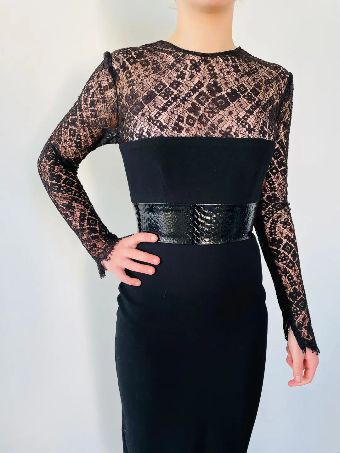 Alex Perry Mabelle Lace Long Sleeve Plastic & Satin Crepe Pencil Dress Black Size 6 for rent on The Volte - main image