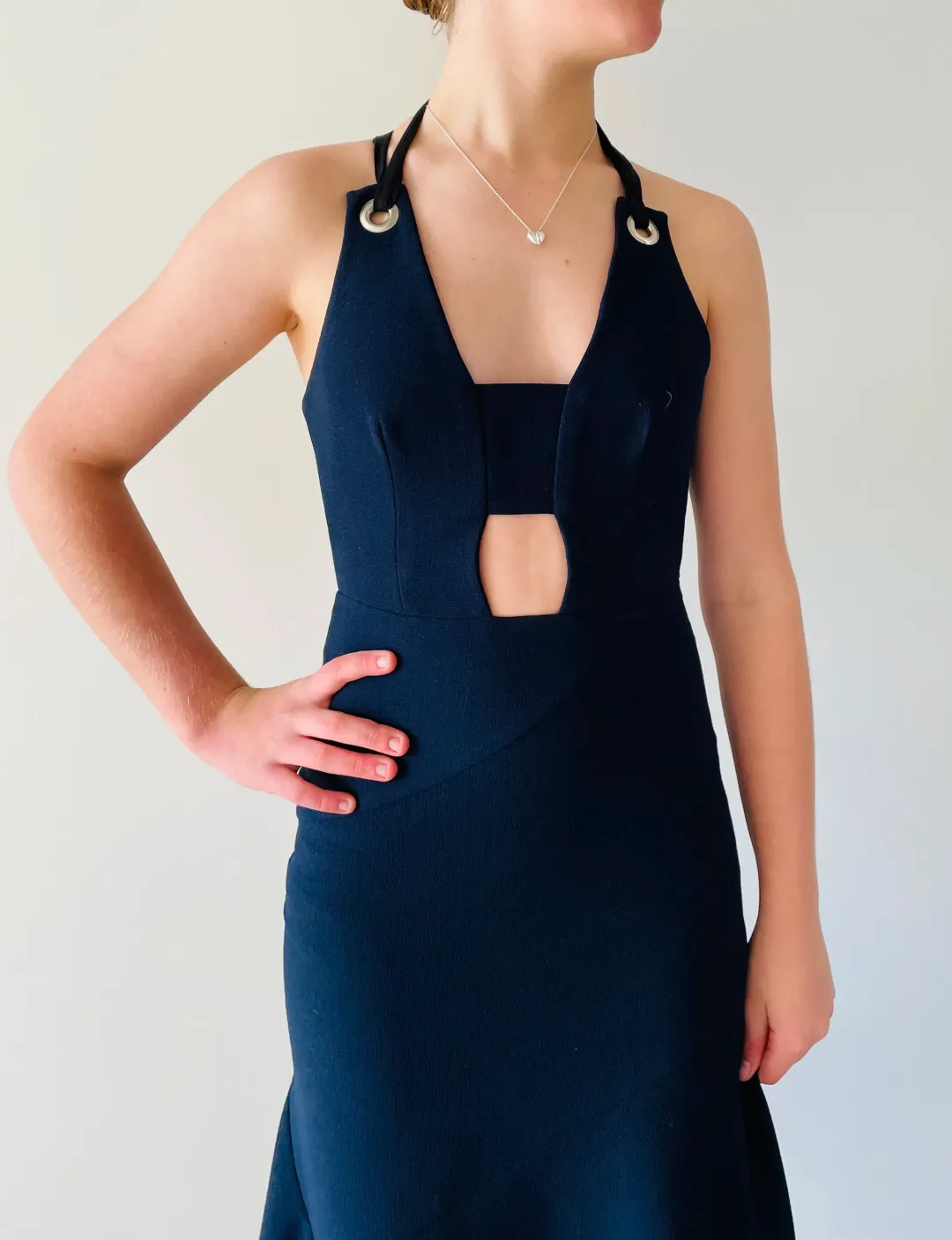 Rebecca Vallance Halter Cut Out Midi Dress Navy Size 6 for rent on The Volte - main image