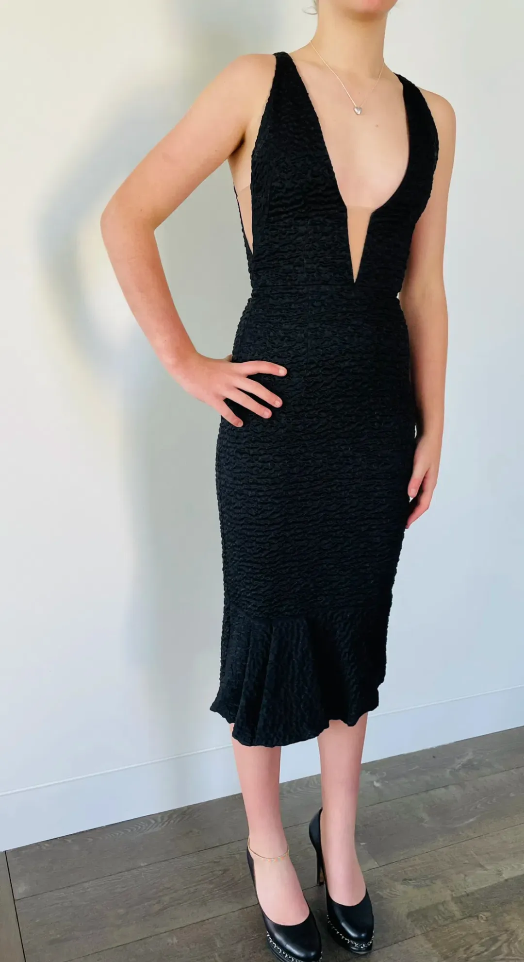 Alex Perry Plunge V Neck Midi Dress Black Size 6 for rent on The Volte - main image