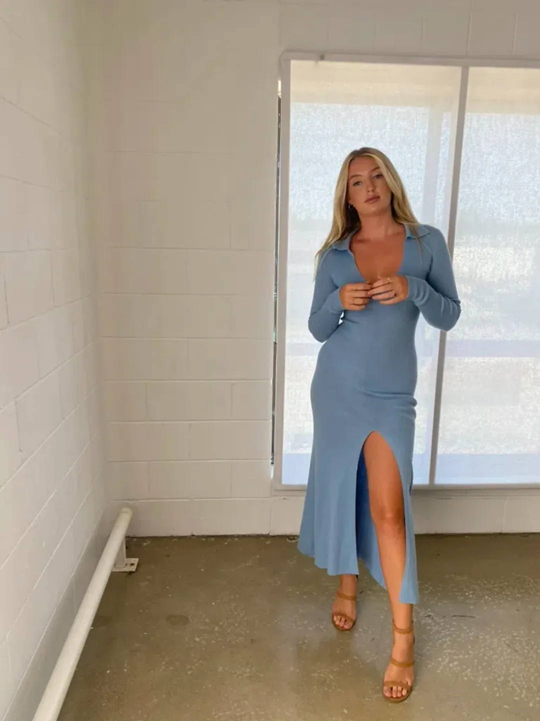 Bec & Bridge Freya Long Sleeve Knit Maxi Dress Sky Blue Size 6 for rent on The Volte - main image