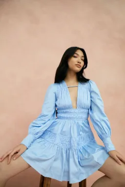 Aje Fallingwater Gathered Mini Dress Blue Size AU 6 for rent on The Volte - image 2