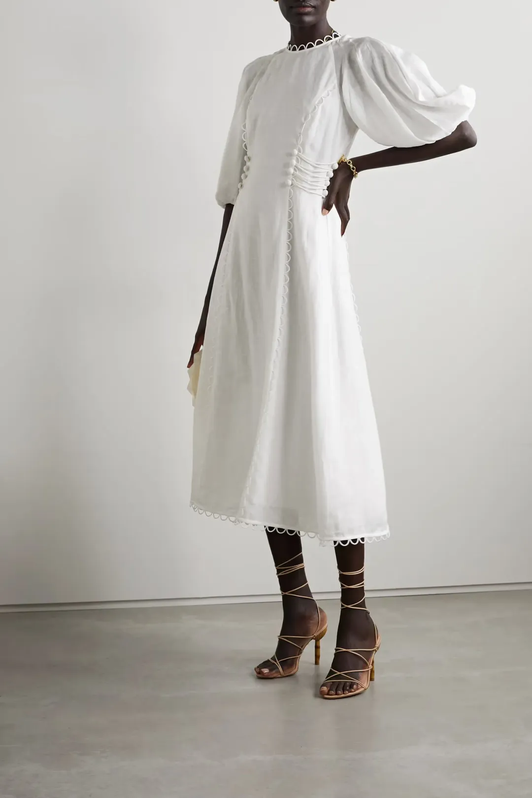 Zimmermann Rosa Button Detailed Linen Midi Dress Ivory Size 0 / AU 8 for rent on The Volte - main image