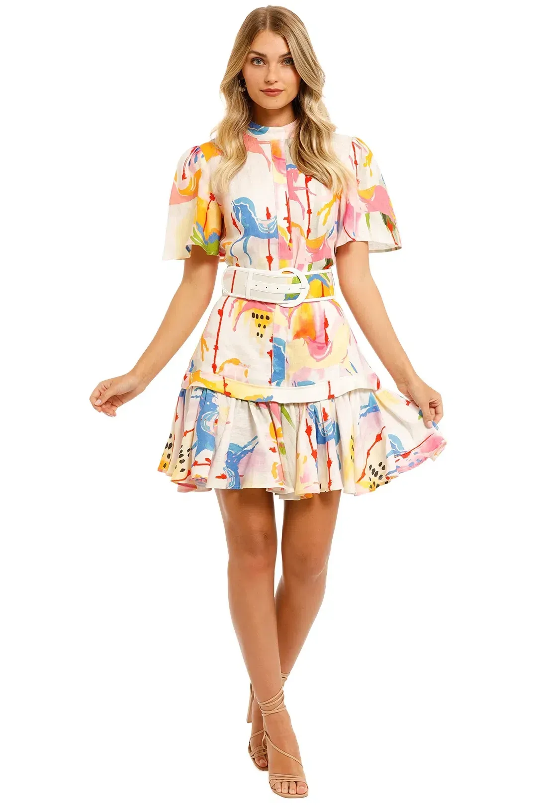 Leo & Lin The Carousel Linen Belted Shirt Dress Print Size 8 for rent on The Volte - main image