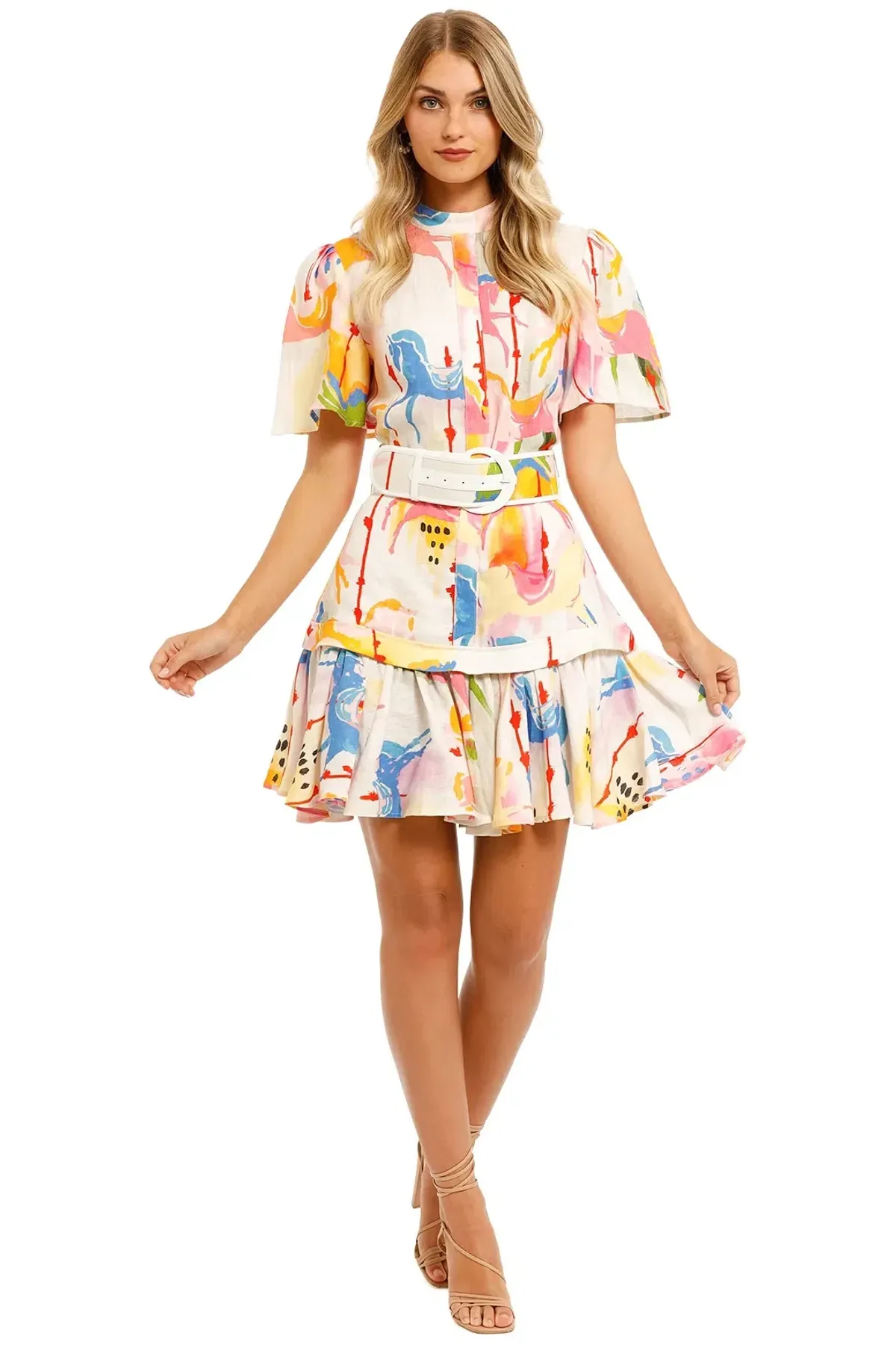 Leo & Lin The Carousel Linen Belted Shirt Dress Print Size 8 for rent on The Volte - main image