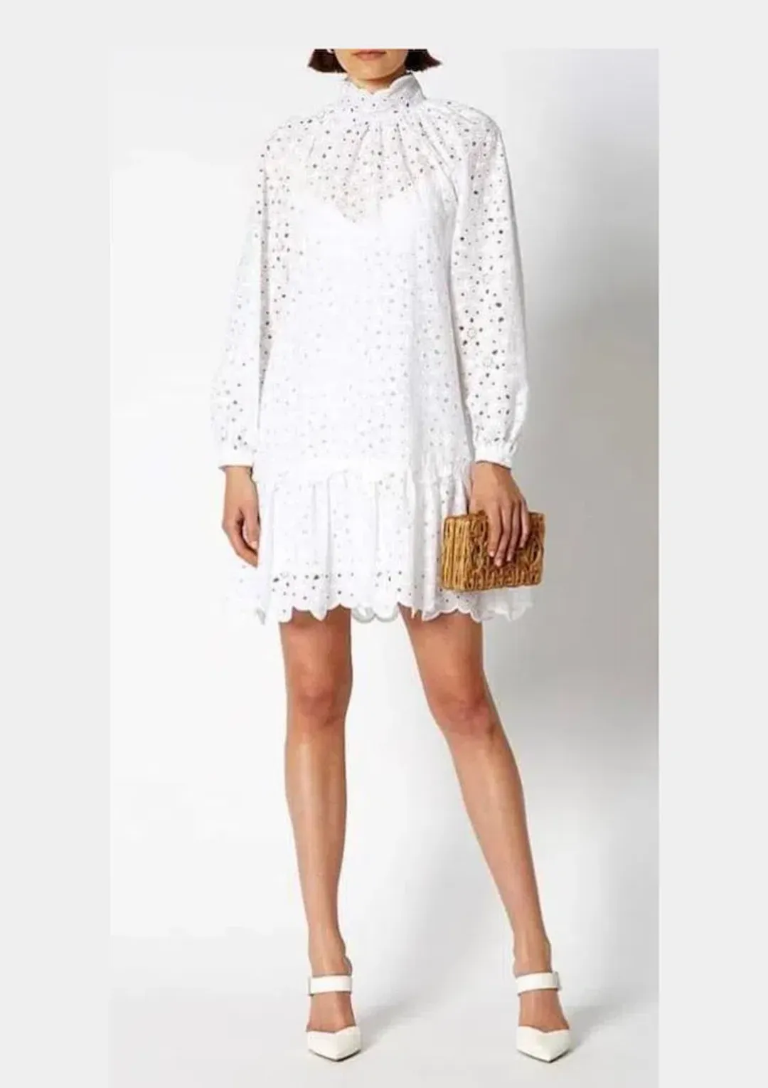 Scanlan Theodore Embroidered Cotton Mini Dress White Size 8 for rent on The Volte - main image