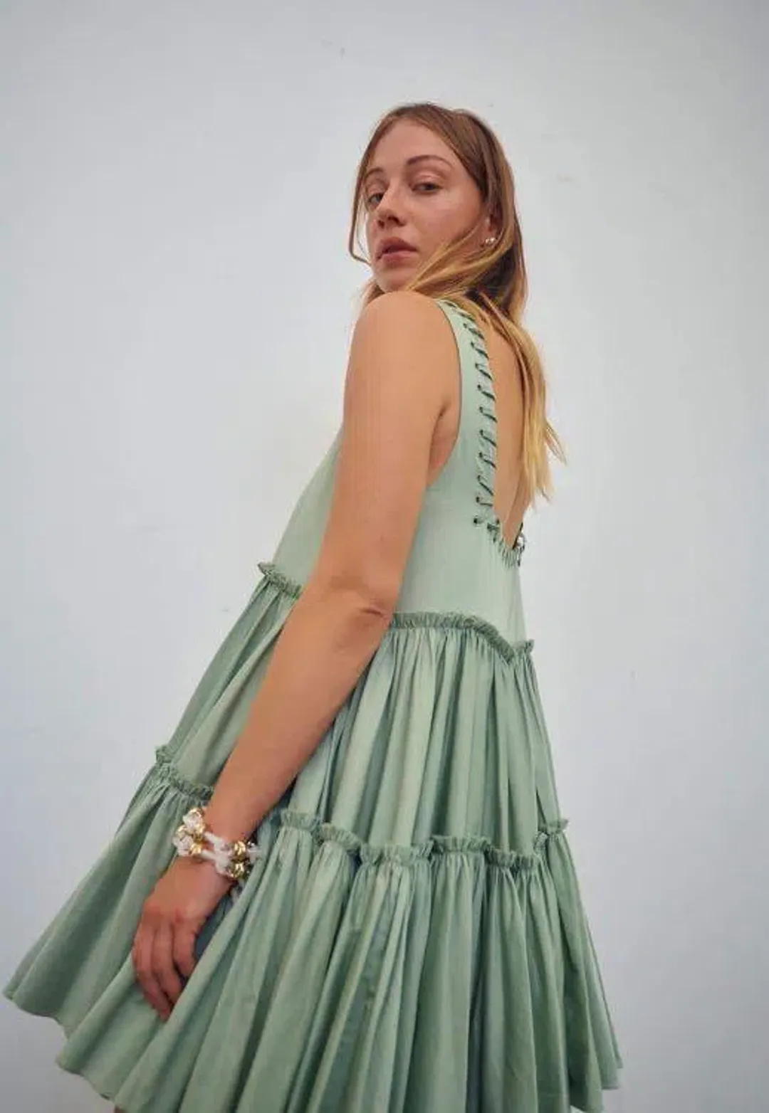 Aje Hushed Cotton Square Neck Mini Dress in Bamboo Green Size 14  for rent on The Volte - main image