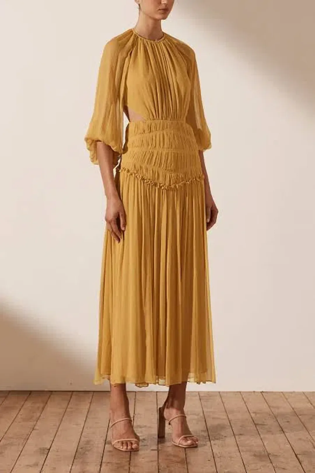 Shona Joy Iris Cut Out Backless Midi Dress Saffron Yellow Size 10 for rent on The Volte - main image