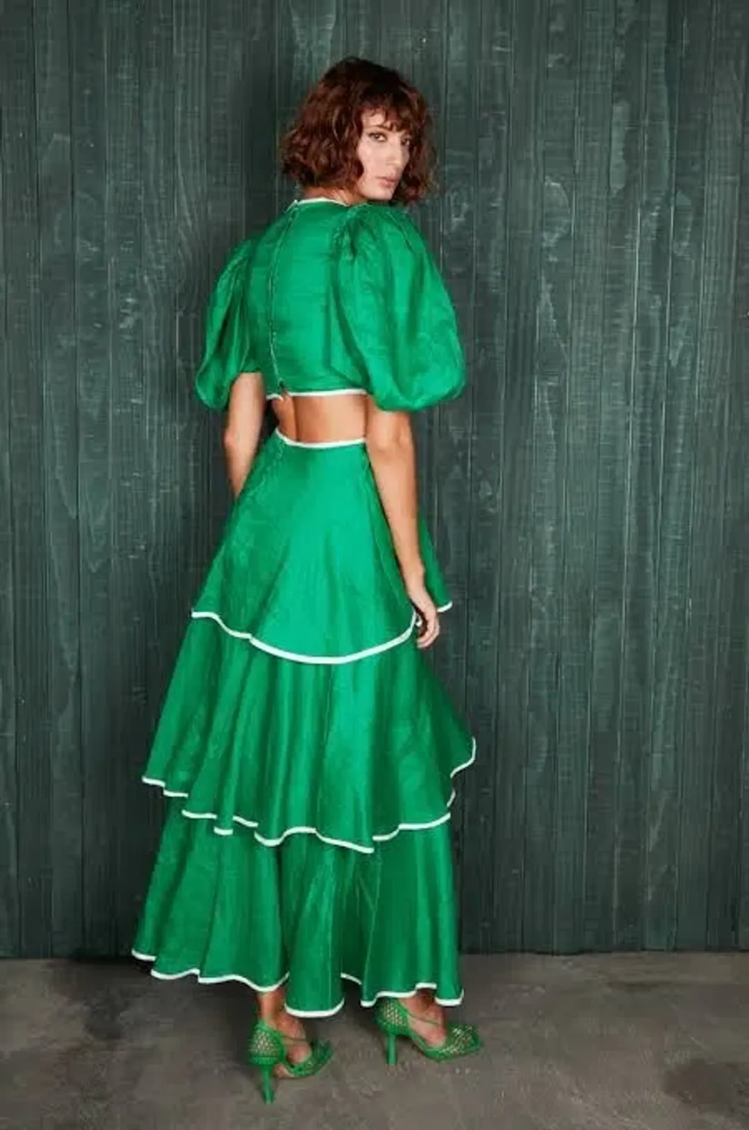 Mackenzie Mode Puff Sleeve Dress Emerald Green Size 10 for rent on The Volte - main image
