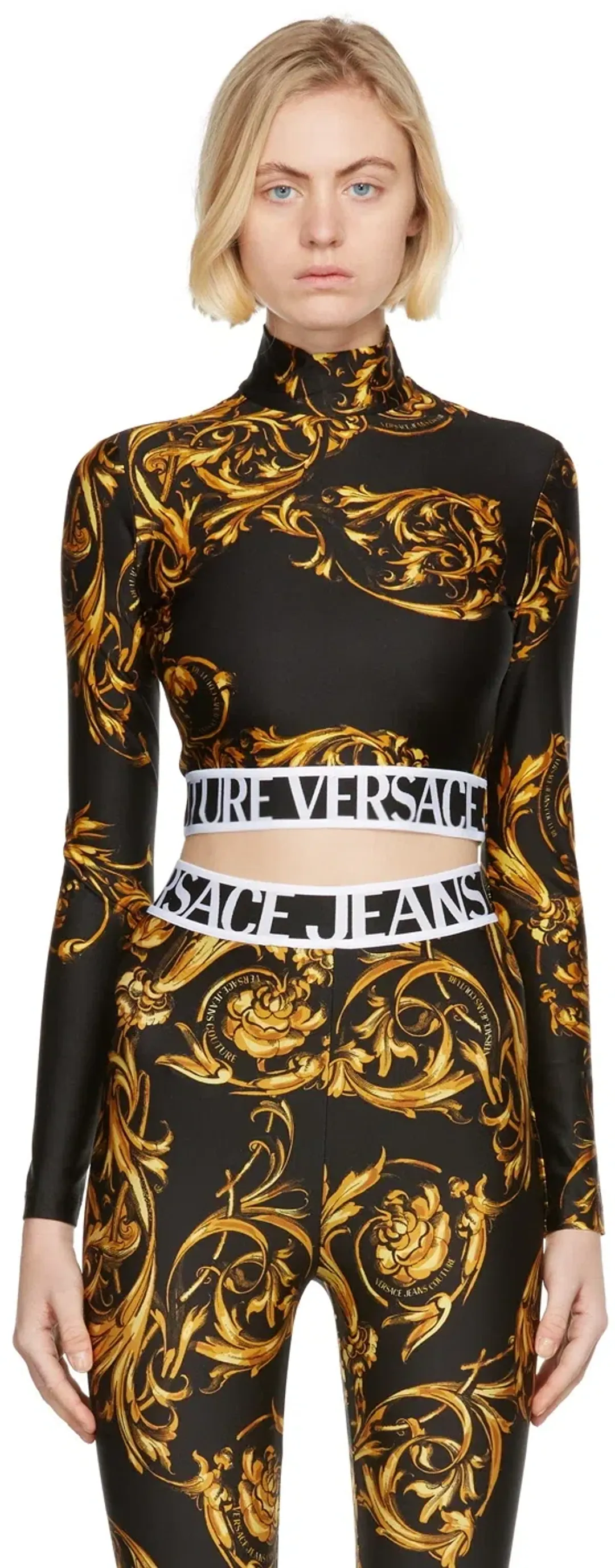 Versace Garland Crop Top and Leggings Set Black/Print Size 8 for rent on The Volte - main image