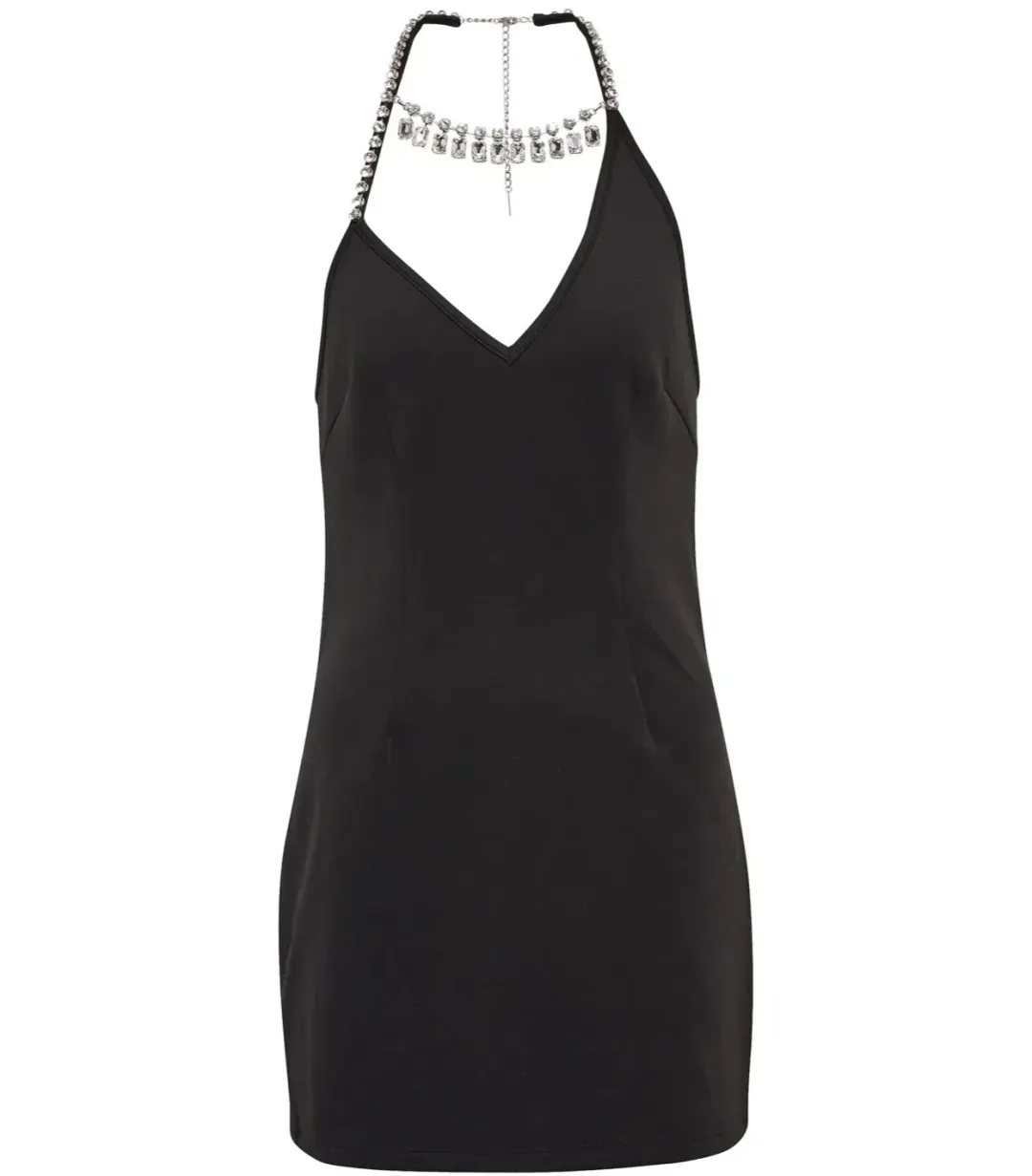 Area NYC Asymmetrical Halter Crystal Mini Dress Black Size S / Au 8 for rent on The Volte - main image