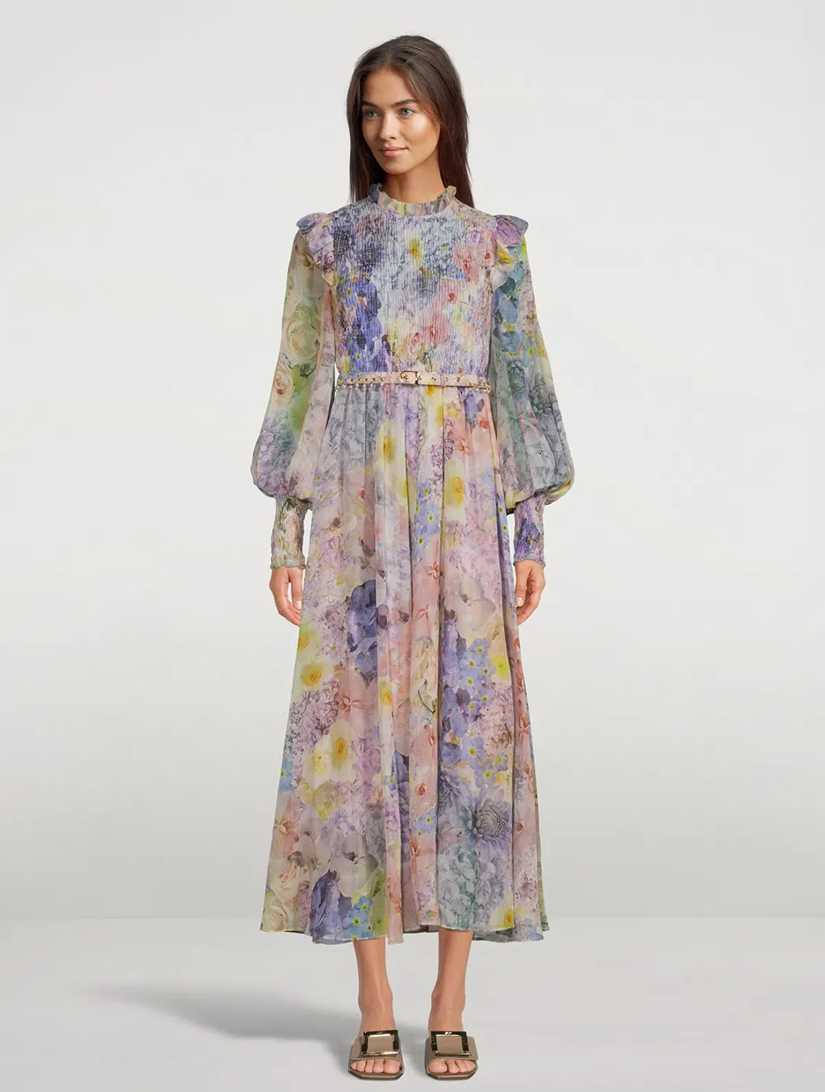 Zimmermann Rhythmic Shirred Midi Dress Floral Size 1 / Au 10 for rent on The Volte - main image