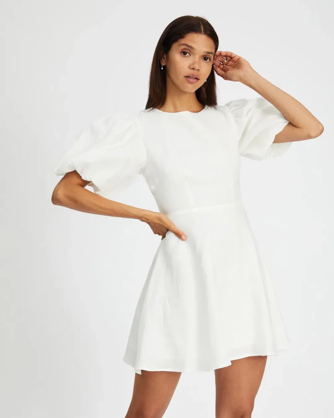 Aere Puff Sleeve Linen Mini Dress White Size 6 for rent on The Volte - main image