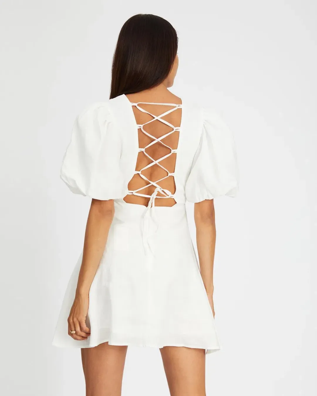 Aere Puff Sleeve Linen Mini Dress White Size 6 for rent on The Volte - main image