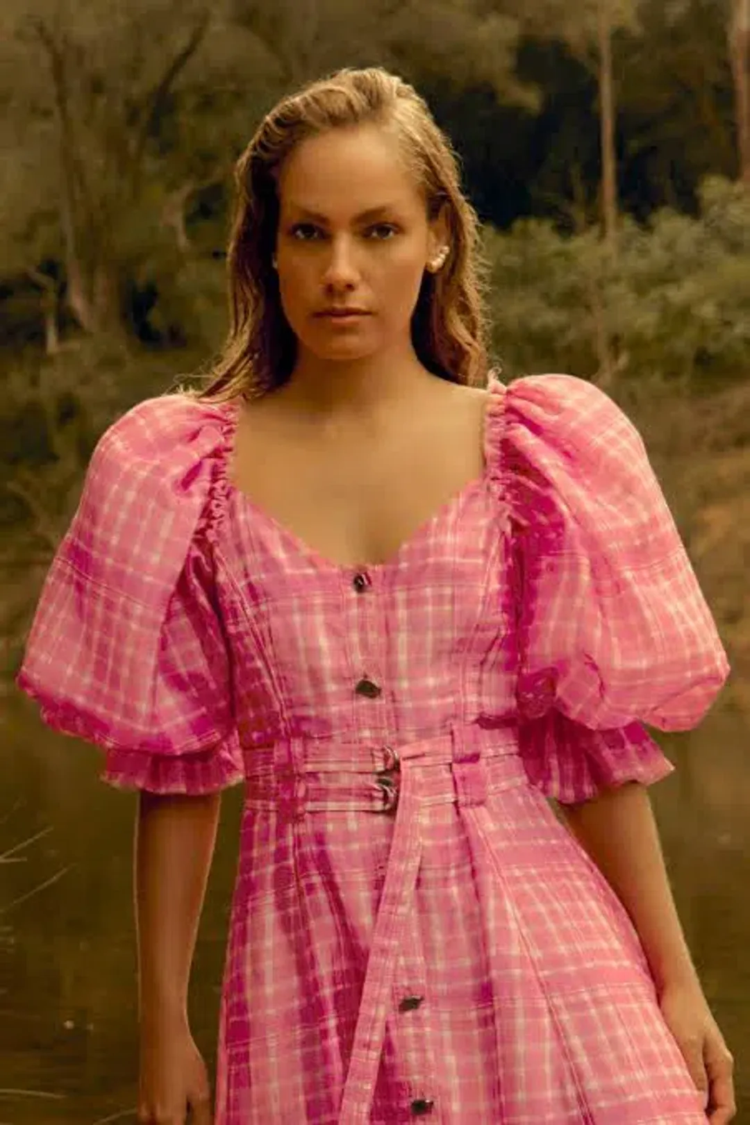 Aje Bungalow Puff Sleeve Midi Dress Pink Check Size 6 for rent on The Volte - main image