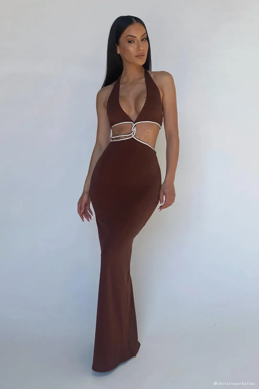 Meshki Nicha Diamante Cut Out Dress Chocolate Size 6 for rent on The Volte - main image