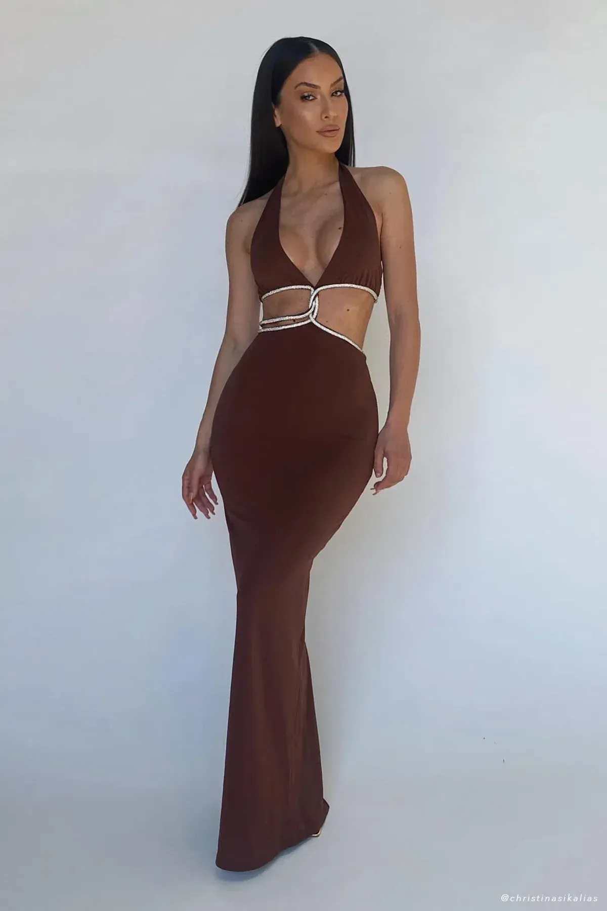Meshki Nicha Diamante Cut Out Dress Chocolate Size 6 for rent on The Volte - main image