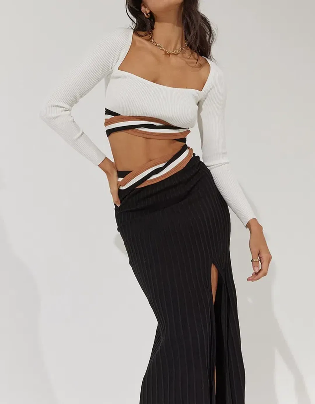 Sovere Inertia Knit Crop Top and Midi Skirt Set Size 6 for rent on The Volte - main image