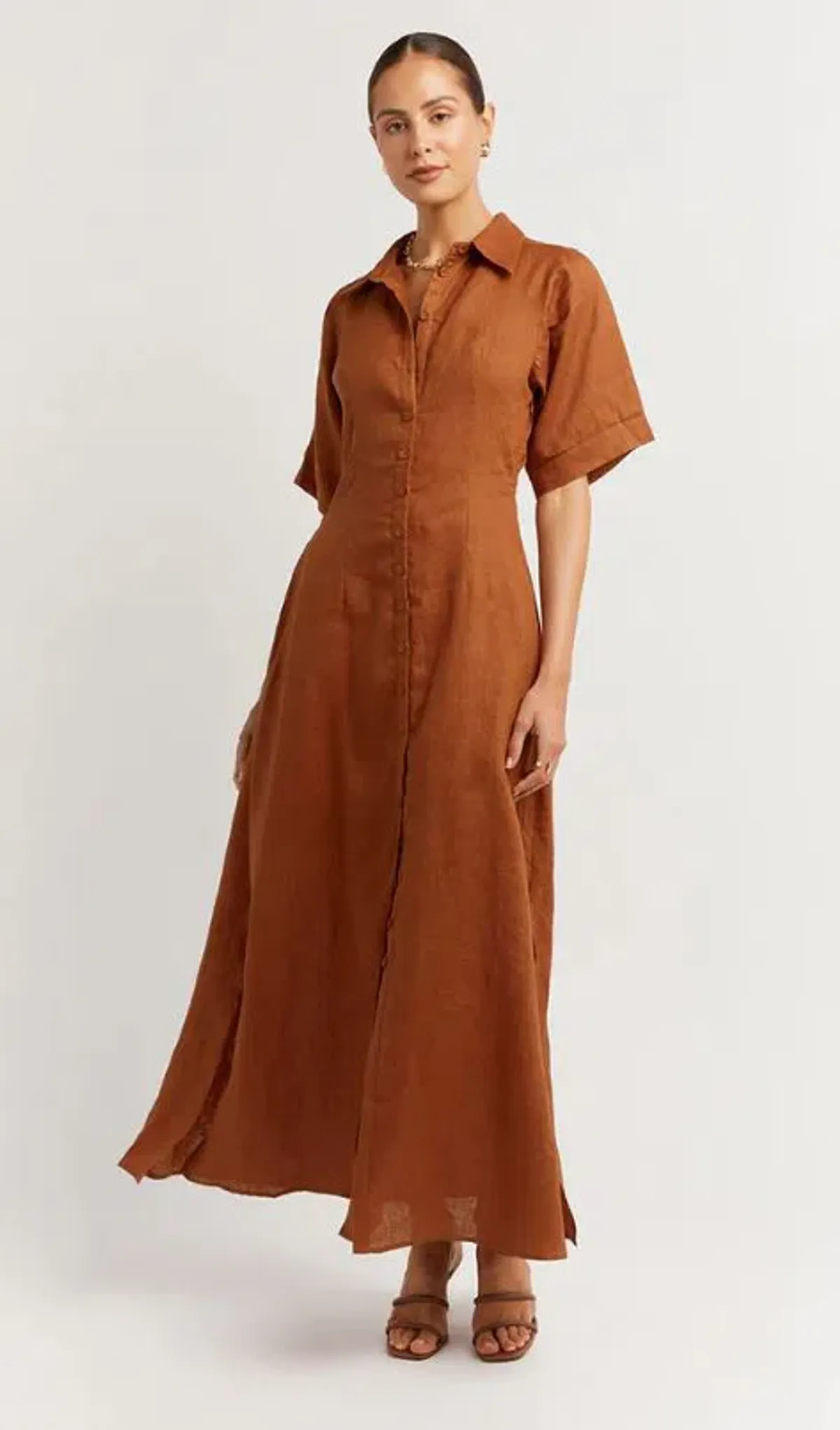 DISSH Darby Linen Shirt Midi Dress Spice Size 10 for rent on The Volte - main image