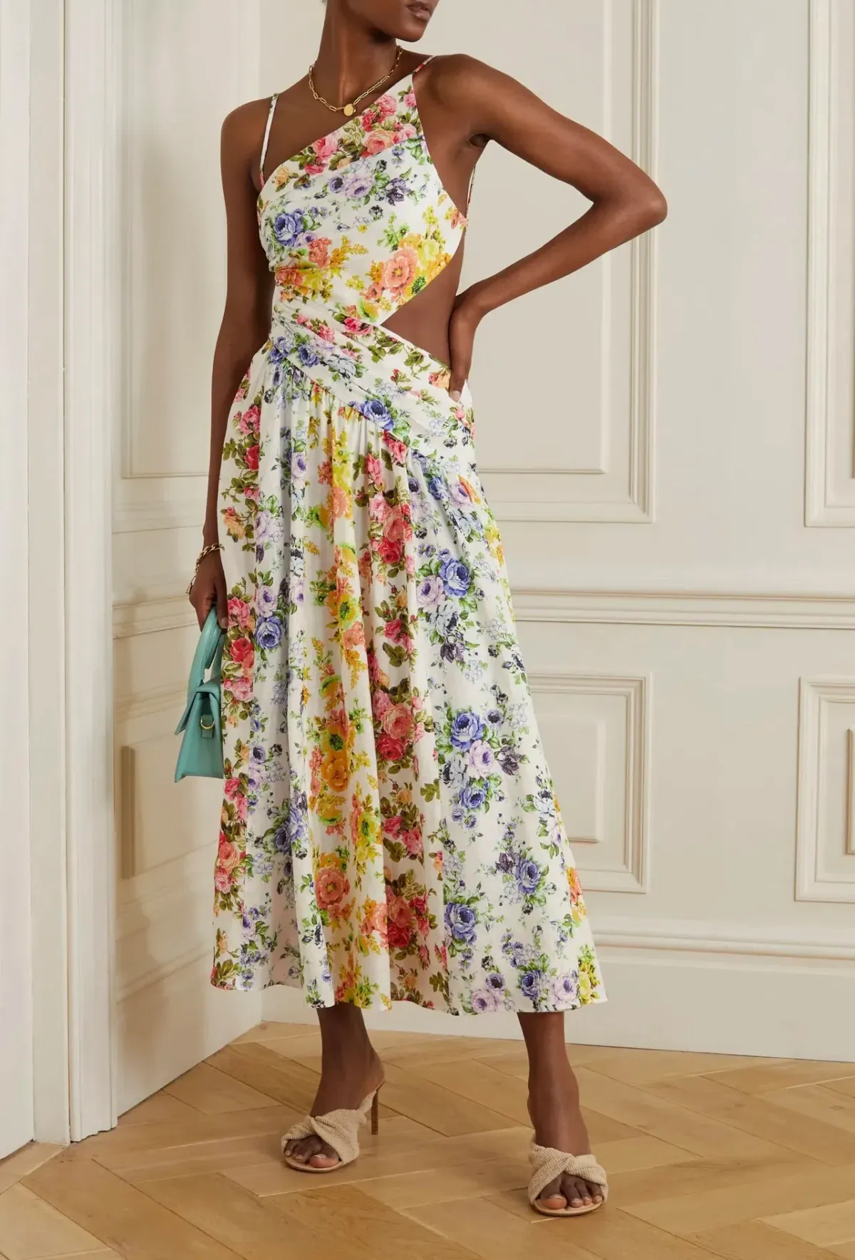 Zimmermann Net Sustain Asymmetric Open-Back Floral-Print Organic Linen Midi Dress Print Size 0 for rent on The Volte - main image