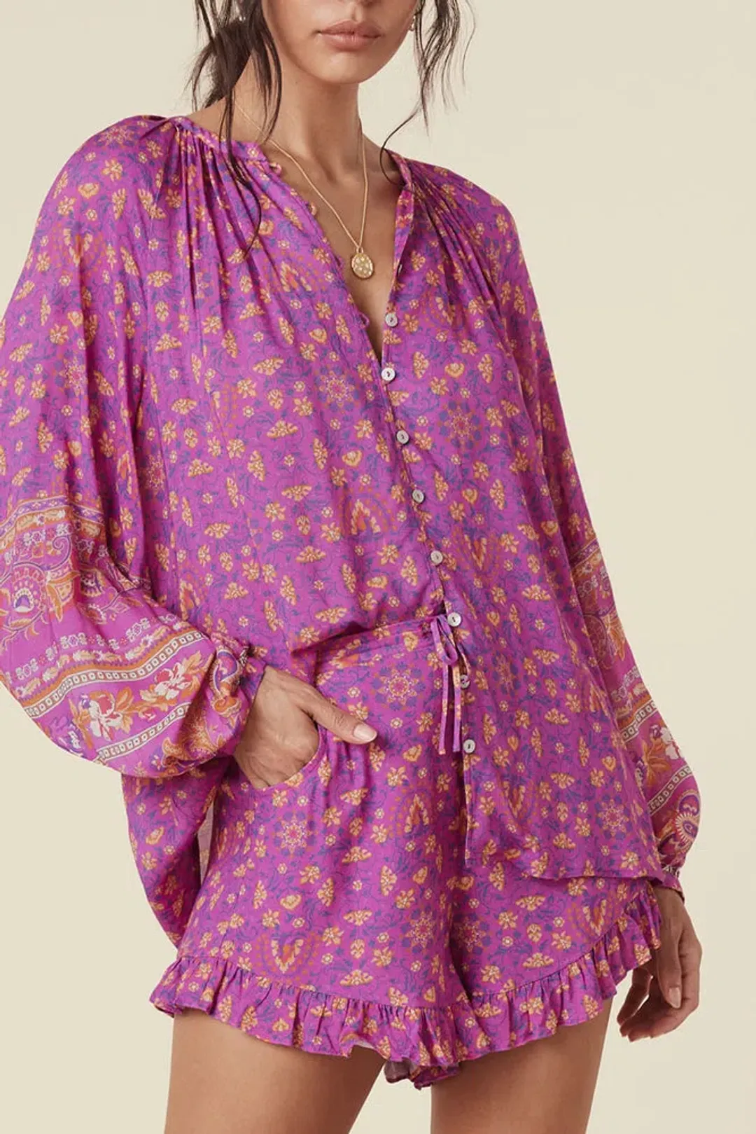 Spell Madame Peacock Blouse and Short Set Print Size M for rent on The Volte - main image