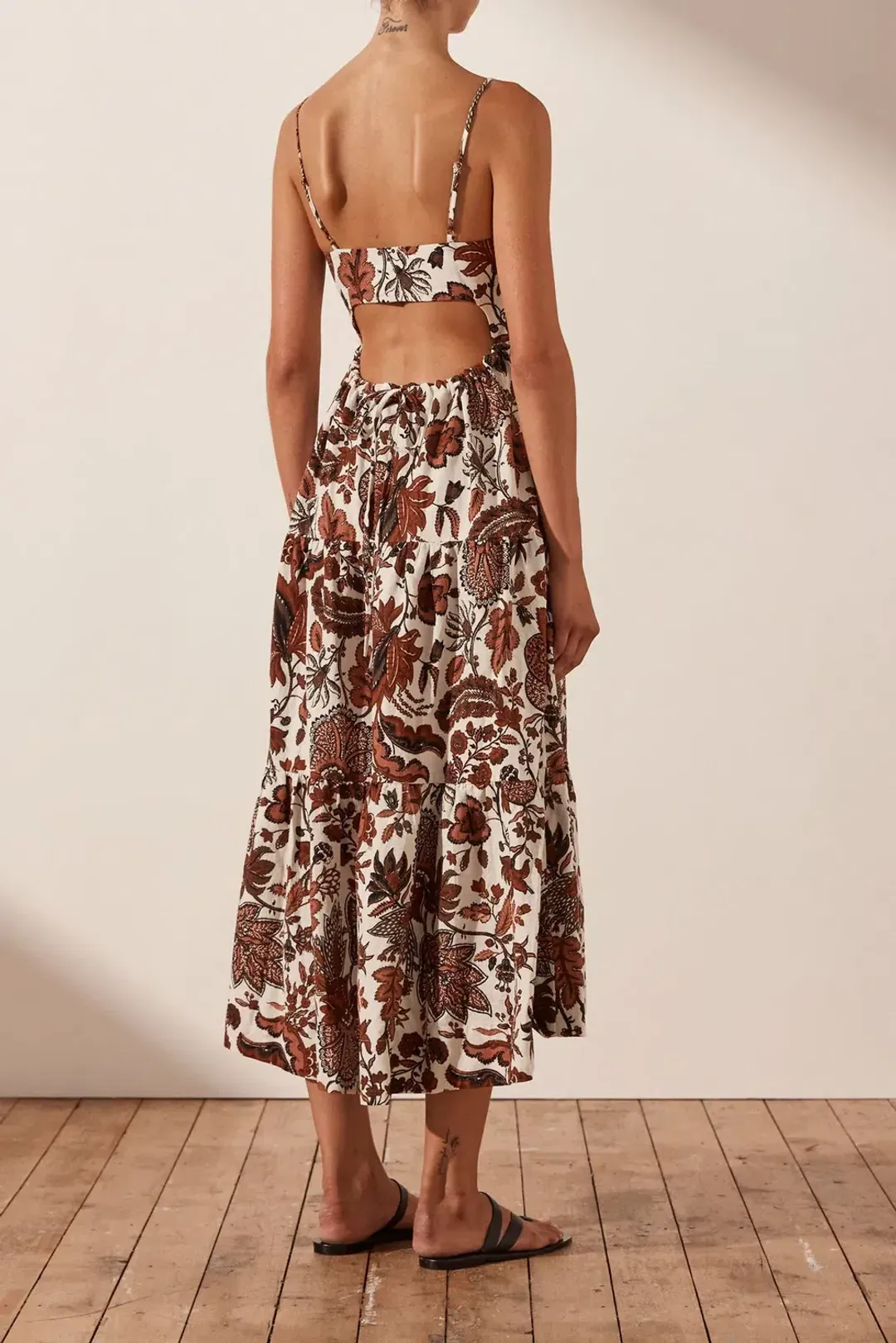 Shona Joy Catalina Lace Up Backless Midi Dress Print Size 8 for rent on The Volte - main image