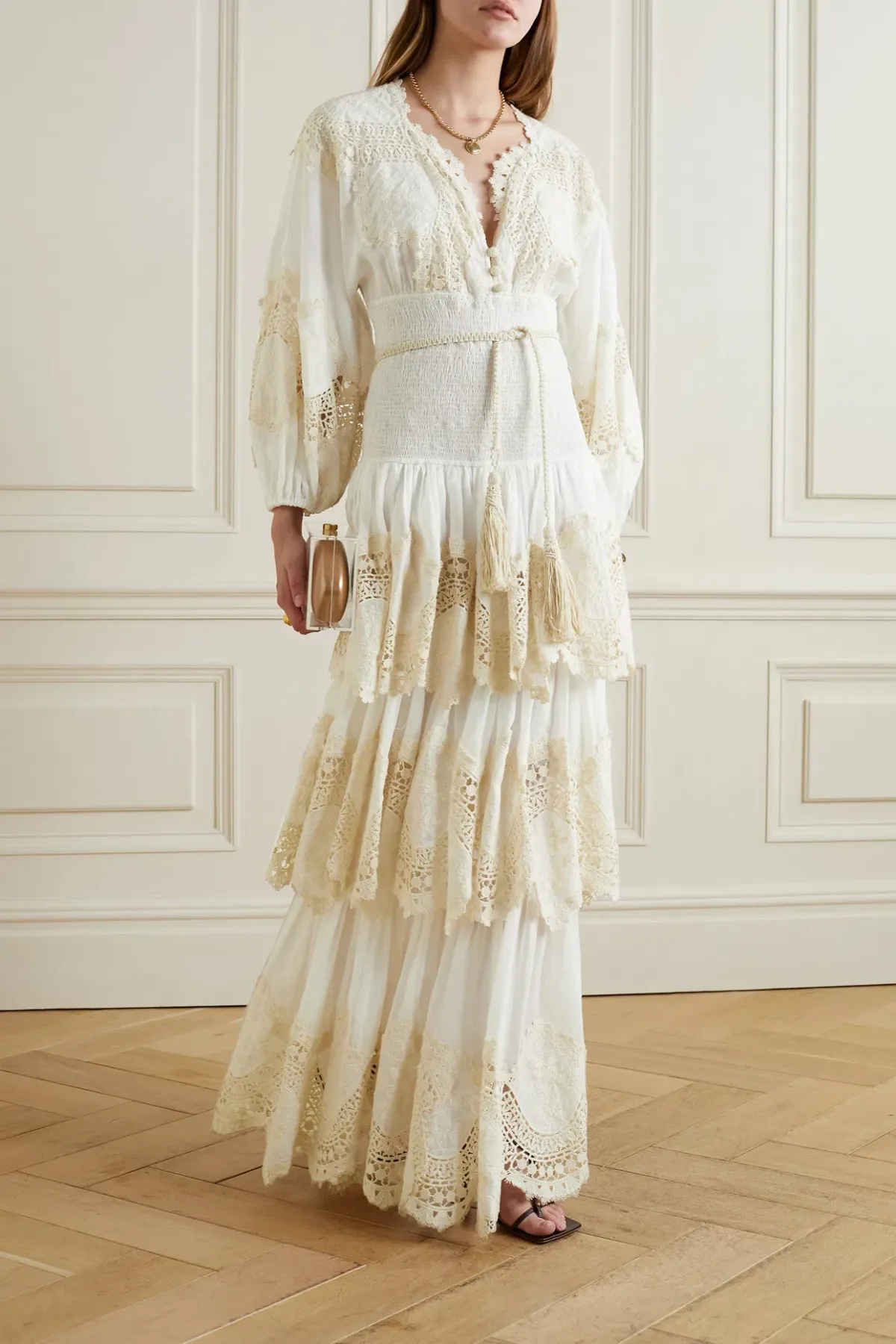 Zimmermann Pattie Embroidered Tiered Midi Dress Ivory Size 1 / Au 10 for rent on The Volte - main image