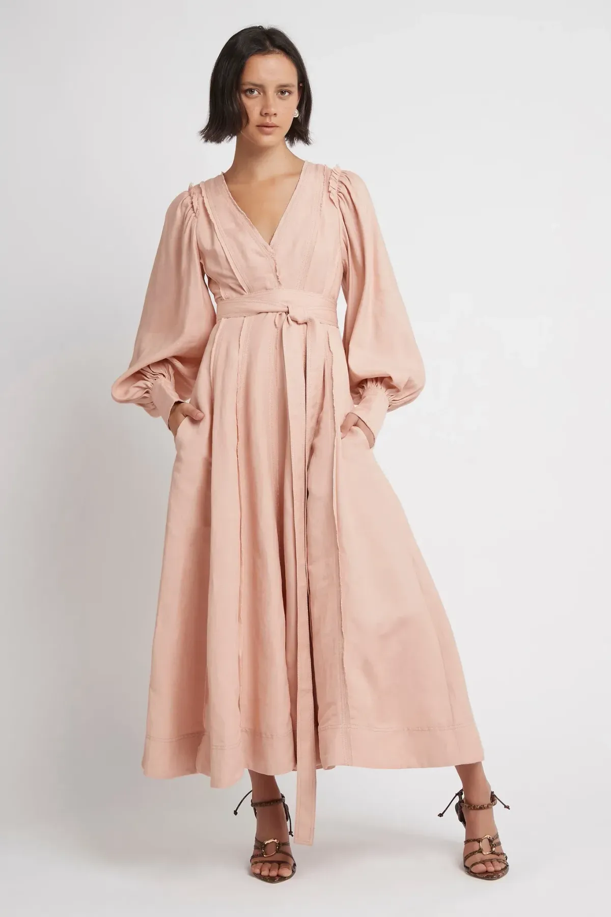 Aje Aurora Belted Midi Dress in Blush Size 12 for rent on The Volte - main image