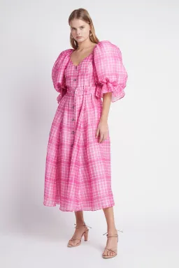 Aje Bungalow Puff Sleeve Midi Pink Check Print Size 10 for rent on The Volte - image 2
