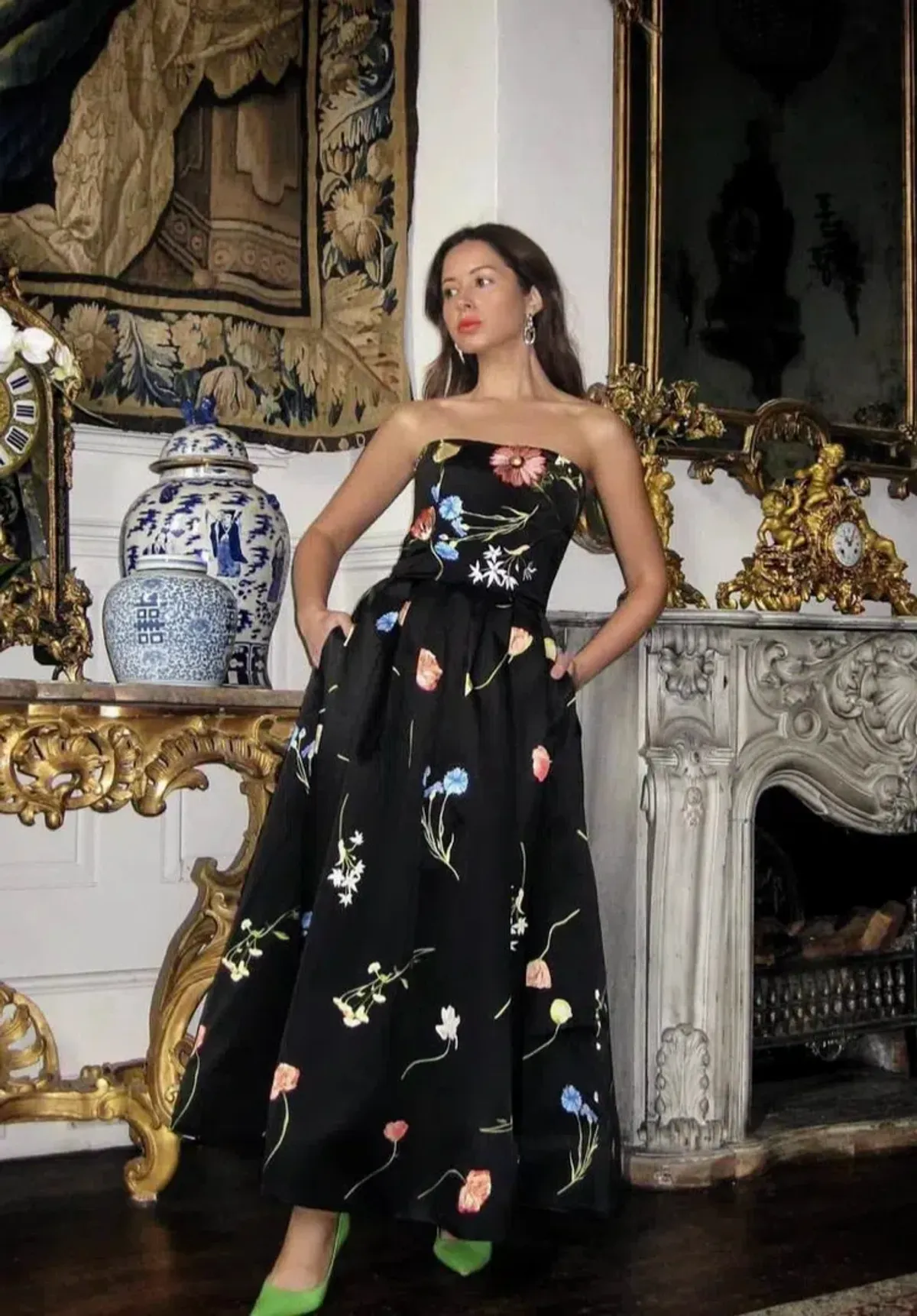 Leo Lin The Fields Embroidered Bustier Midi Dress Black Size 8 for rent on The Volte - main image