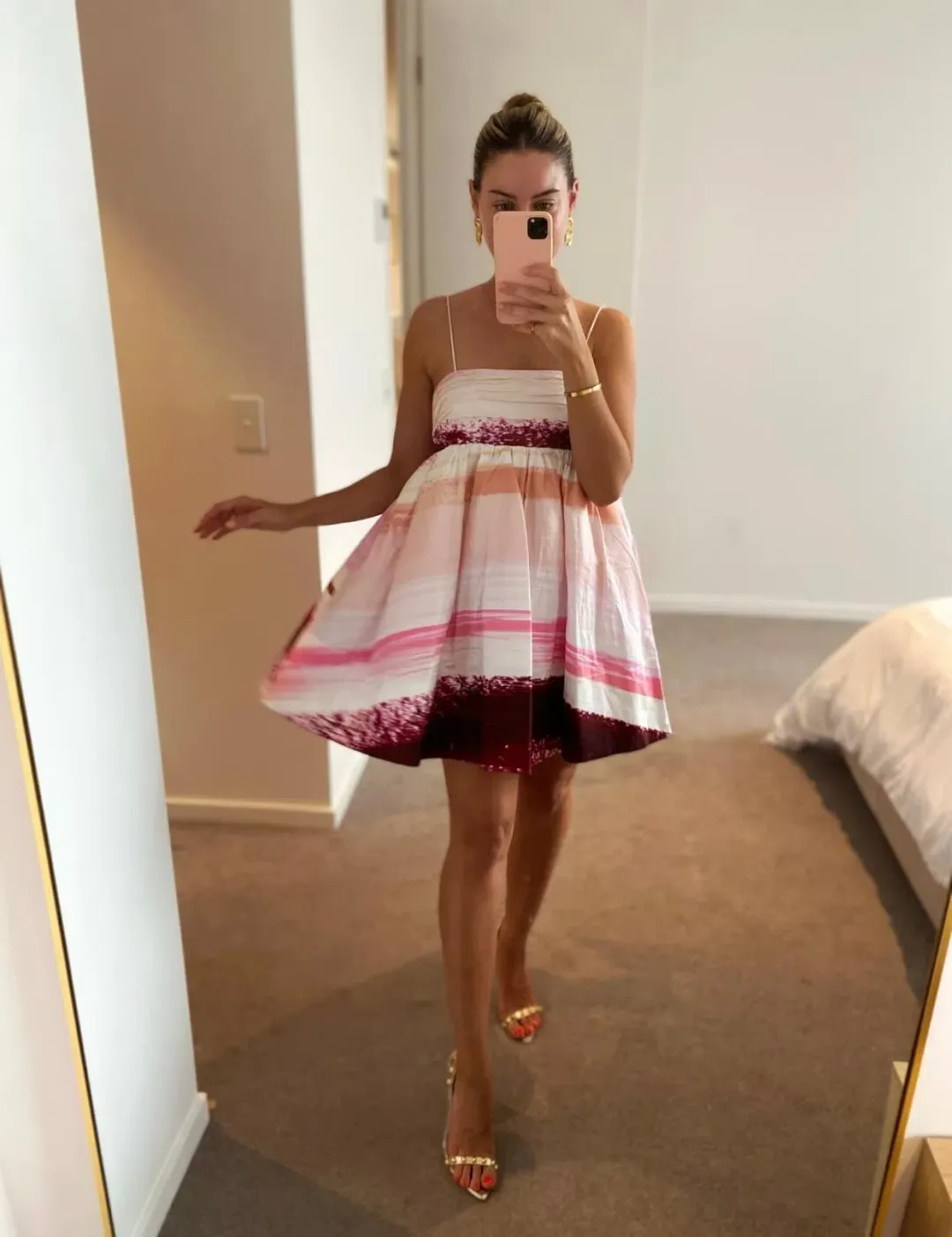 Aje Kasbah Sunset Stripe Ruched Bow Back Mini Dress Print Size 8 for rent on The Volte - main image