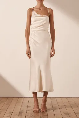 Shona Joy La Lune Asymmetrical Bias Cowl Midi Dress Cream Size 8  for rent on The Volte - image 1