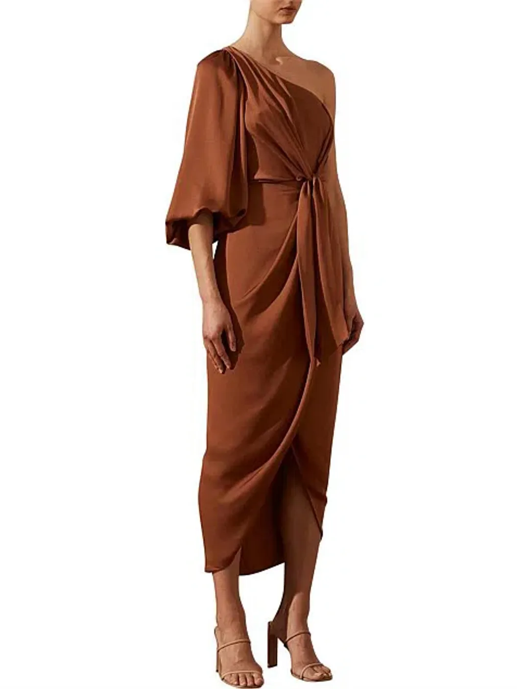 Shona Joy Luxe Tie Front One Shoulder Cocktail Dress Mocha Size 10 for rent on The Volte - main image