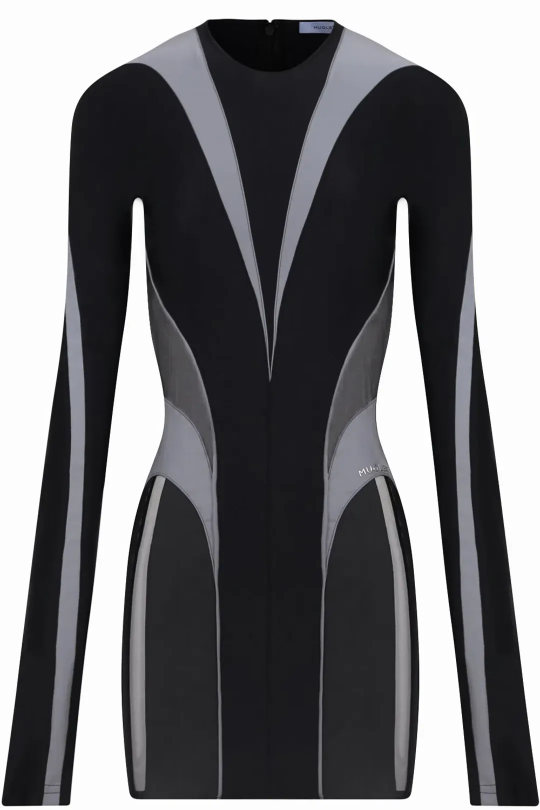 Mugler Reflective Mesh Long Sleeve Mini Dress Black/Silver Size 6 for rent on The Volte - main image
