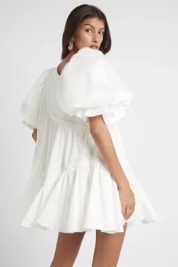 Aje Casabianca Braided Asymmetric Puff Sleeve Mini Dress White Size 14 for rent on The Volte - image 4