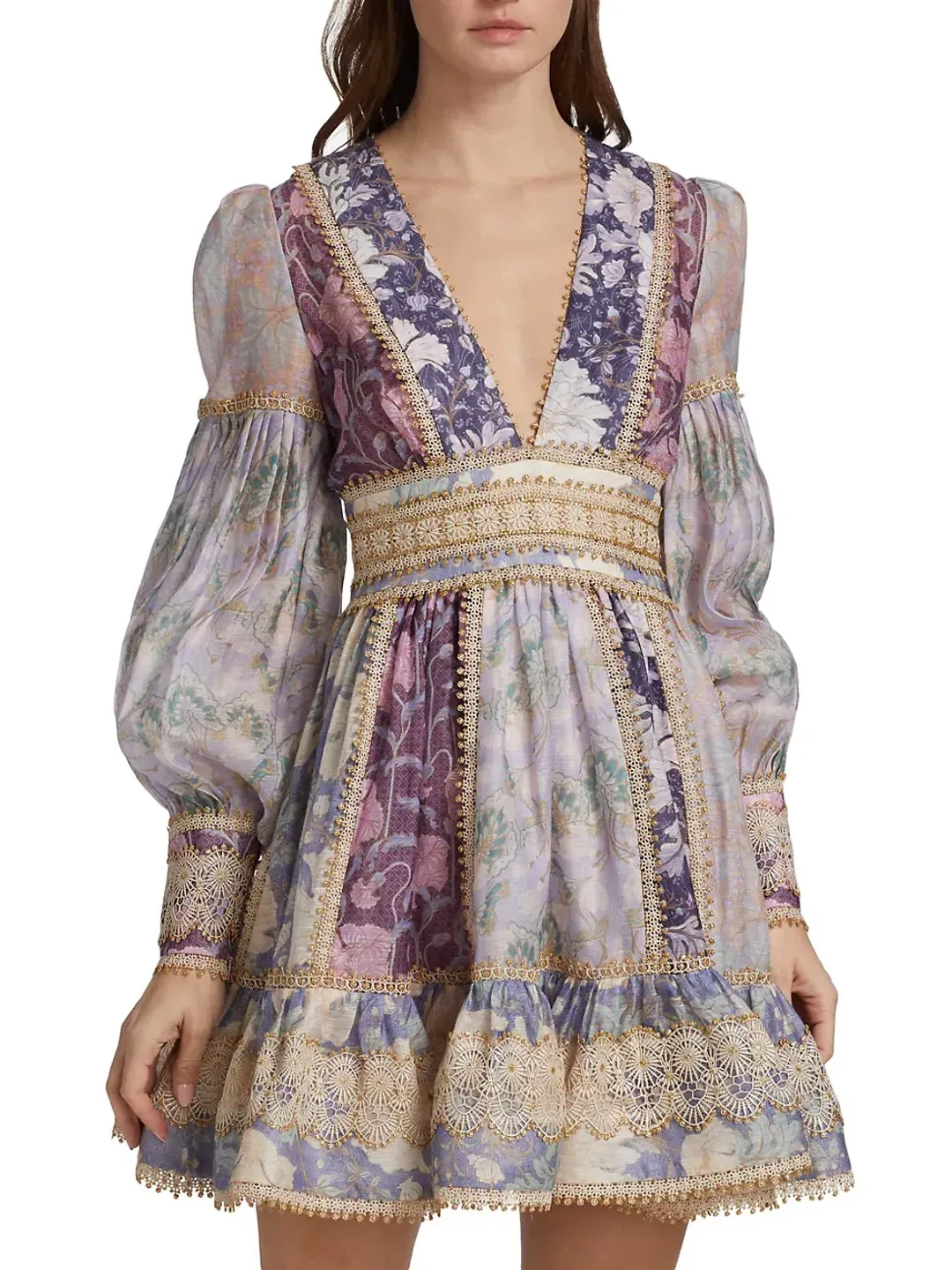 Zimmermann Celestial Lace Panelled Mini Dress Purple Floral Size 1 / Au 10 for rent on The Volte - main image