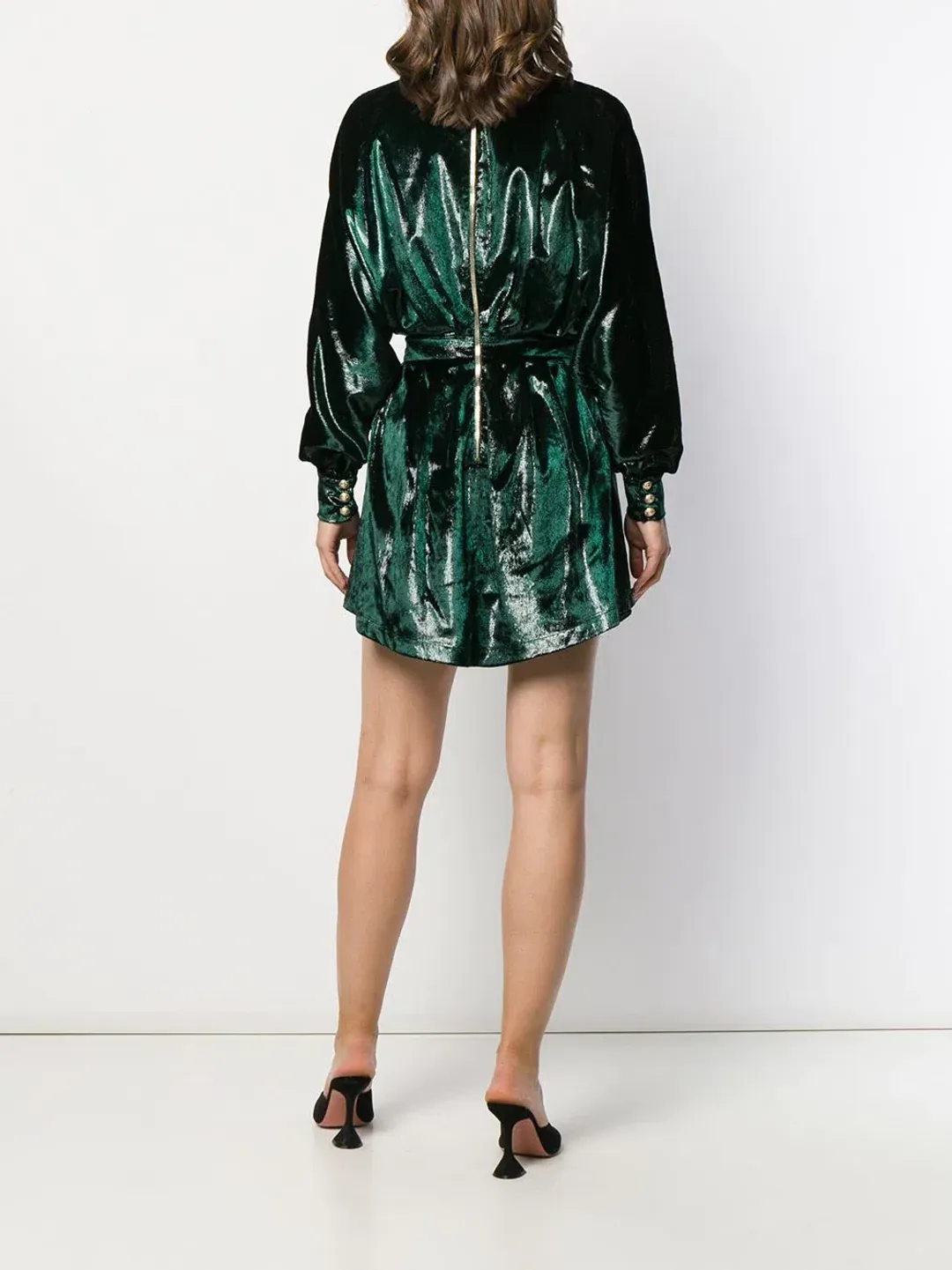 Balmain Metallic Velvet Flared Dress Green Size 38  for rent on The Volte - main image